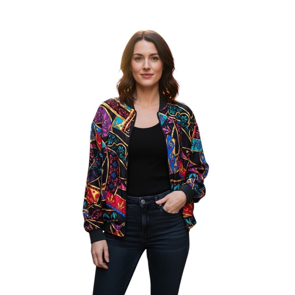Vintage 80s Silk Satin Bomber Jacket | Abstract Baroque Print | OSFM - Picture 1 of 12